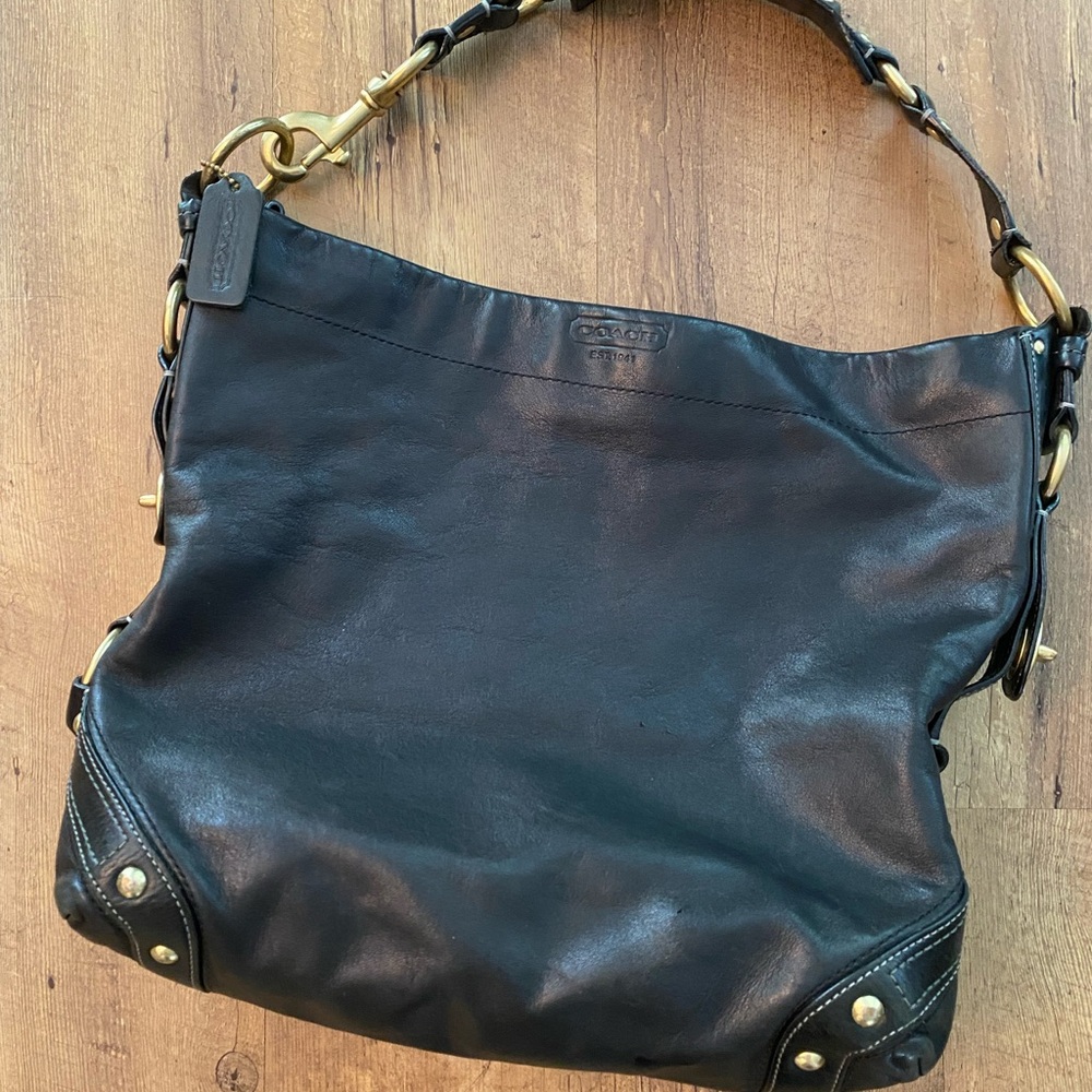 Vintage Coach Carly Black Leather Hobo Bag with Gold Accents 10616
